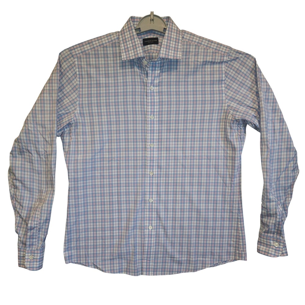 Proper Cloth Mens Plaid Dress Shirt Blue Pink White 100% Cotton 16.5 PCF1681-16H